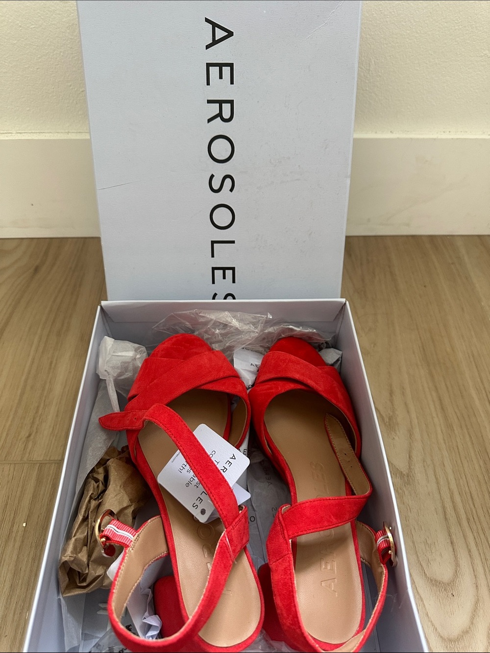 AEROSOLES Red Suede Crisscross Ankle-Strap Heels